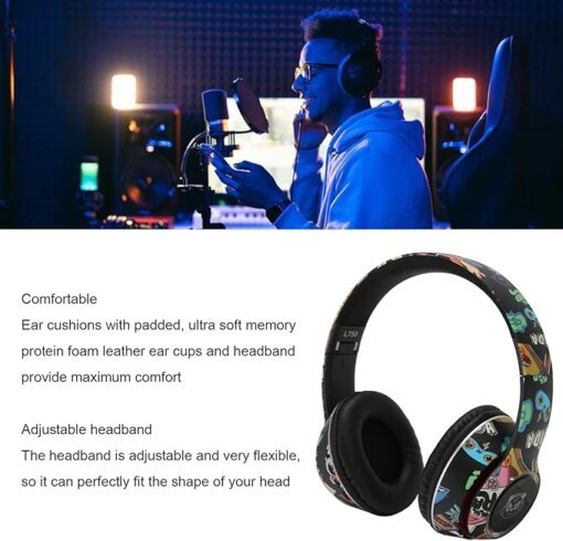 ⁦سماعات راس بلوتوث L750 جرافيتي للالعاب مع مصباح RGB ودعم بطاقة الذاكرة ووضع الخط وسماعات راس لاسلكية مع ميكروفون للكمبيوتر الشخصي⁩ - الصورة ⁦5⁩
